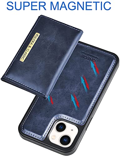Image of PULOKA Wallet Back Case - Compatible with iPhone 14 Plus - Vegan Leather Phone Cover - Detachable Card Holder Case with Kickstand - Shockproof, Anti Scratch & Raised Edges for Protection - Blue