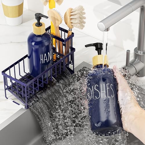 Image of Cisily Navy Blue Kitchen Dish Soap Dispenser, 16 fl Oz Dual Kitchen Soap Dispensers with Sponge Holder, Customized Stainless Steel Kitchen Soap Dispenser Set, Modern Hand and Dish Soap Bottle Set