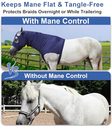 Image of Horse Slinky Hood with Zipper, Stretch Spandex Sleazy Hood for Mane Protection, Breathable Horse Neck Cover for Show Prep, Braids Saver, Sleek Grooming Under Blanket Use Navy X-Large