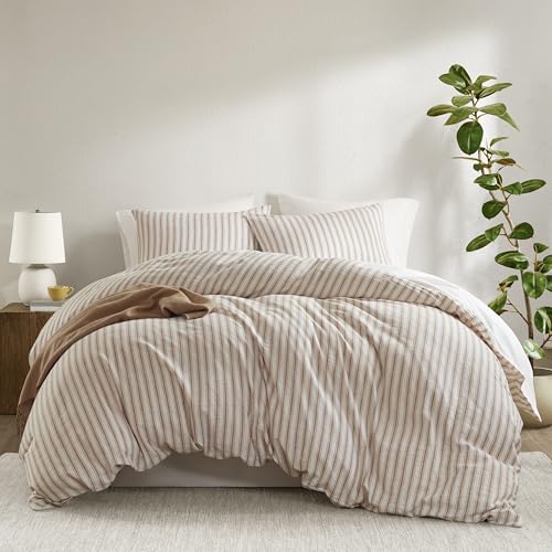 Image of Madison Park Linen Cotton Rayon Blend Duvet Cover Set, 3PC King | Striped Design, Lightweight & Breathable Bedding with Shams, Terracotta