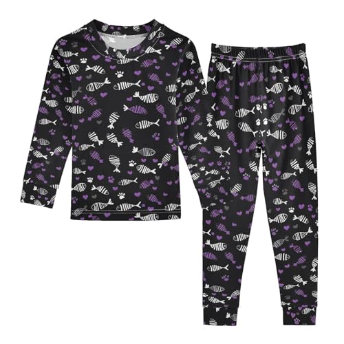 ALAZA Fish Bone Heart Love Pajamas Long Sleeve Sleepwear 2-Piece Pajama Set