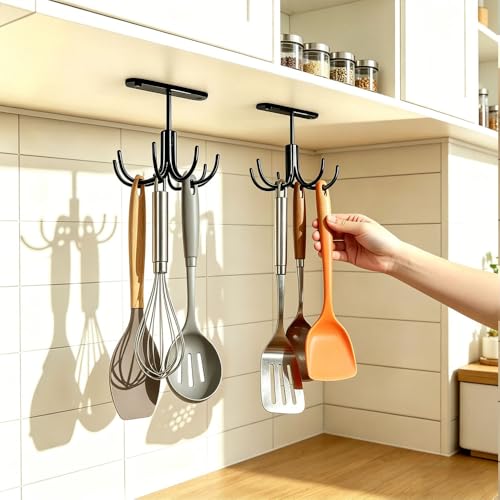 Image of Metal Under Cabinet Kitchen Utensil Hooks,360 Rotating Kitchen Utensil Rack with 8 Hooks,Drilling Free Adhesive Utensils Hanging Rack for Tools /Towel /Knife (Black)