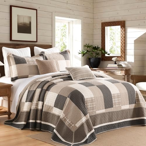 Image of 100% Cotton Oversized King Bedspread 120x120, Brown Oatmeal Plaid | Extra-Wide Coverage, Reversible 3-Piece Bedding Set, Fits Thick Mattresses, Lightweight All-Season Comfort, Modern Farmhouse