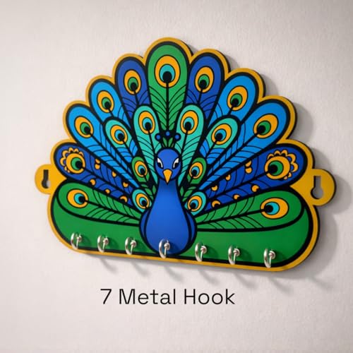 Image of Holder for Home Decor Stylish | Key Hangers for Wall | Wooden Key Stand for Wall (7 Hooks, Peacock)