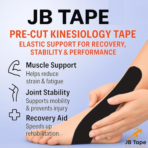 Image of JB Tape Kinesiology Tape, Black, 80 Precut 10-Inch Strips, 4 Rolls | Elastic, Latex-Free, Water Resistant, Athletic Muscle & Joint Support