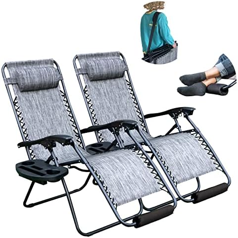 YOMIFUN Zero Gravity Chairs Set of Two, Lawn Chair, Folding Recliner Lounge Chair, Everything Included with Padded Head Pillow, Holder Tray, Shoulder Strap, Footrest Cushion, Grey
