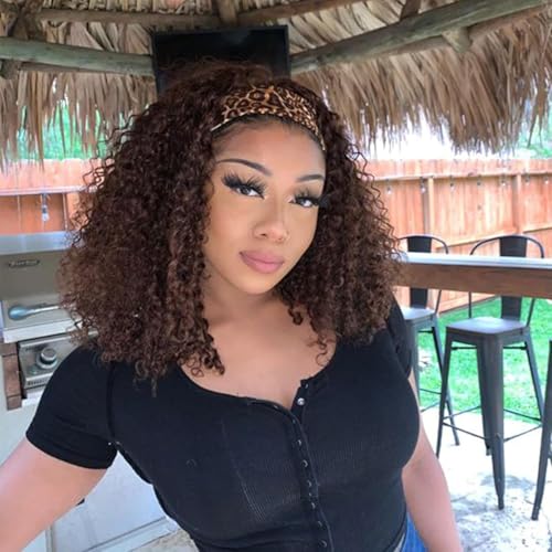 Image of Punmasa Headband Wig Human Hair Deep Wave Chocolate Brown Headband Wigs for black women Glueless Wigs Human Hair Machine Made 150% Density headband wig human hair with Headbands (18Inch)