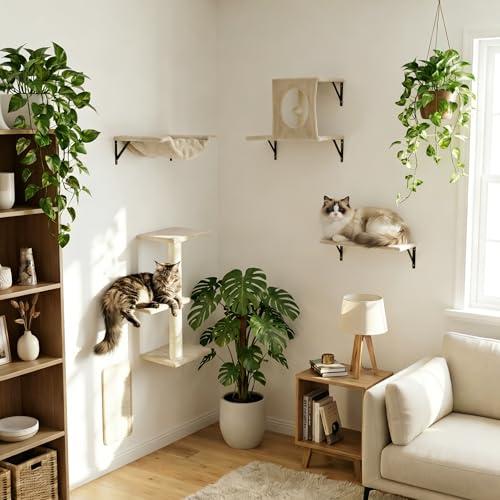 Kit de Muebles de Pared para Gatos con Rascador y Estantes Beige miniatura 3