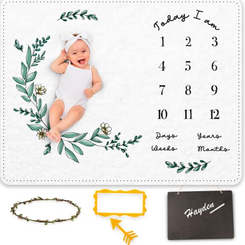 Image of Griime Monthly Baby Milestone Blanket - Soft Milestone Blanket for Baby Boy & Girl - 300 GSM Thickness, Baby Month Blanket Kit with Chalkboard, Frames, Floral - Baby Monthly Milestone Blanket Gift.