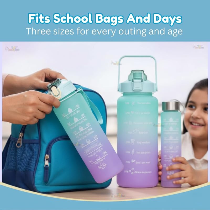 Image of MOTIVATIONAL 3-Pcs (2000ML-900ML-300ML) Water Bottle with Straw & Time Marker | Leak-Proof Sports Bottle for Gym, Office, School | Break-Resistant Silicone Bottle for Hydration(Blue-Pink)
