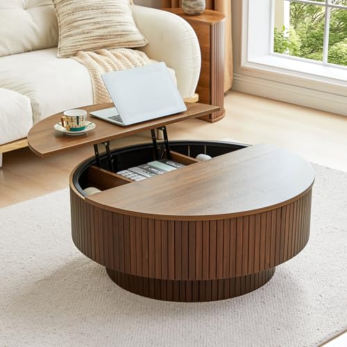 Image of 33 inch Round Coffee Table with Lift-Top & Flip-Top Storage, Modern Accent Fluted Coffee Tables with Metal Frame, Wooden Circle Center Table for Living Room Small Space Apartment Office (Walnut)