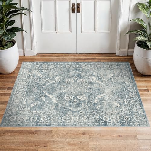 2x3 Washable Area Rug for Entryway: Throw Vintage Neutral Rugs Blue
