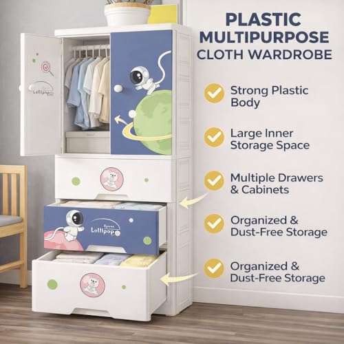 Image of AYSIS Kids Plastic Collapsible Wardrobe Organizer for Storage with Drawers | Cute Cartoon Design | Heavy Duty Cloth Organizer for Storage | Easy to Assemble | Perfect for Kids Room & Home | Starry