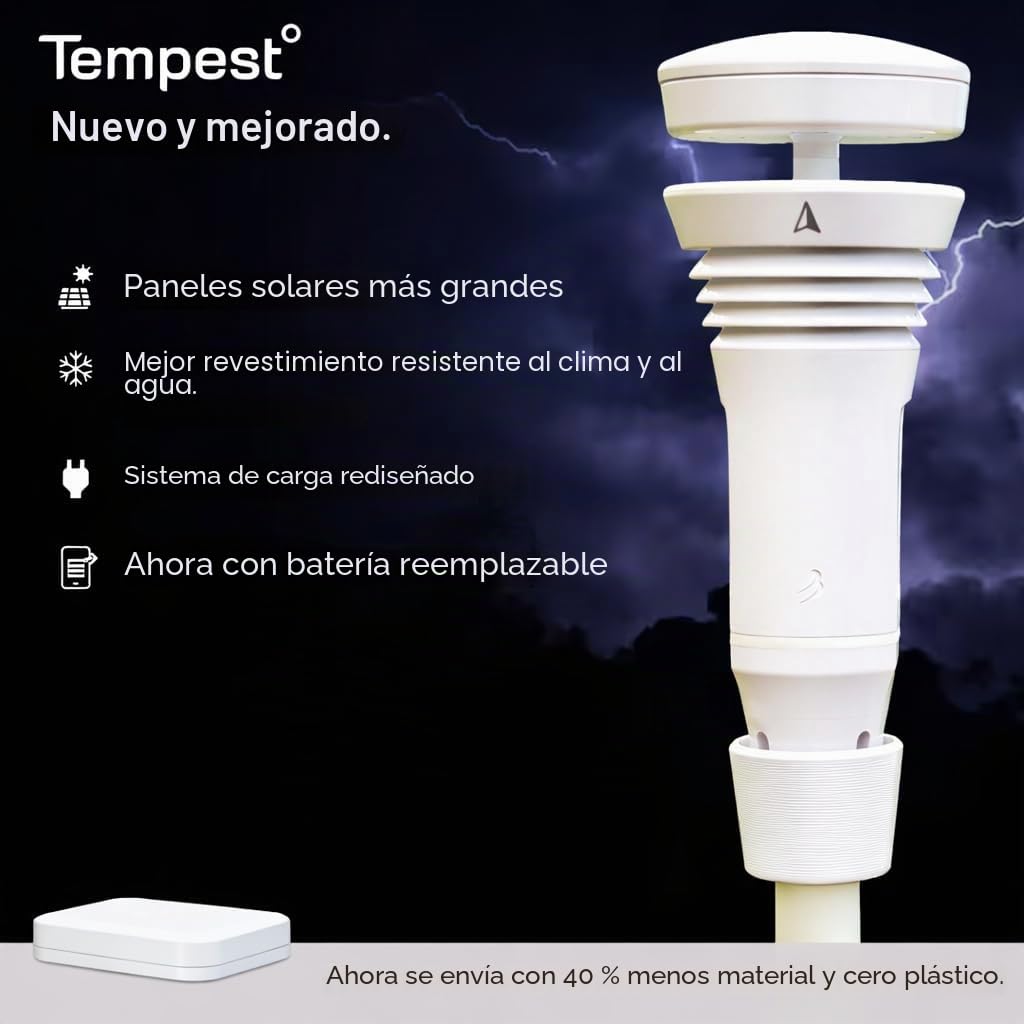WeatherFlow Tempest Weather Station XS1DS1C2, Medidor de Viento Integrado, Medidor de Lluvia, Pronósticos Meteorológicos Precisos, Inalámbrico, Aplicación y Habilitado para Alexa