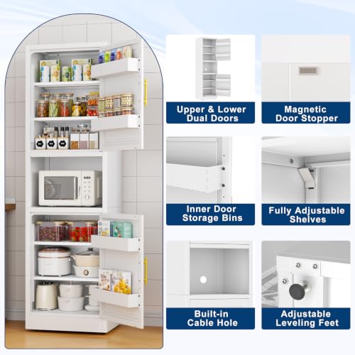 Image of Tall Narrow Pantry Cabinet for Kitchen, 67 inch H Metal Storage Cabinet with Inner Door Storage Racks, Doors & 3 Adjustable Shelves for Dining Room, Living Room, Home Office, 20 inches Wide, White