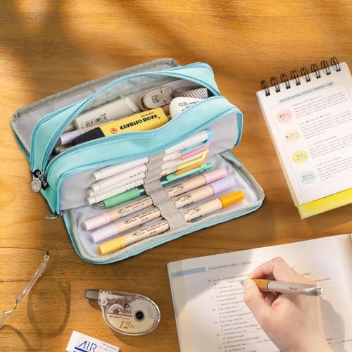 Image of Canvas School Bag Pencil Case, 3 Layer 6 Compartment Large Capacity, Aesthetic Pencil Pouch for Stationary, Cute Stationery for Kids, Pencil Case for Girls & Boys (Special Sky Blue)