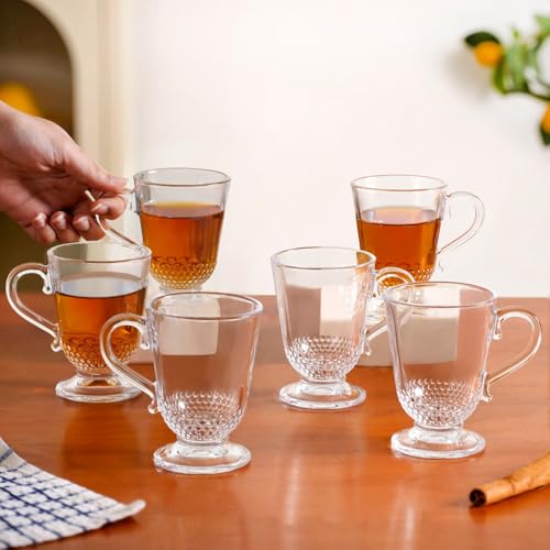 Image of Nestasia Set of 6 Transparent Glass Tea Cups (196ml Each) - Beaded Textured 100% Food Safe & Chip-Resistant Glass Set | Perfect for Irish Coffee, Hot & Cold Beverages