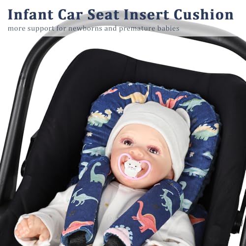 Image of Infant Car Seat Insert Cushion, Super Soft Baby Car Seat Head Support & 2 Straps Pads, Reversible Preemie Newborn Carseat Insert, Fit Car Seat, Stroller, Infant Bouncer, Blue Dinosaur