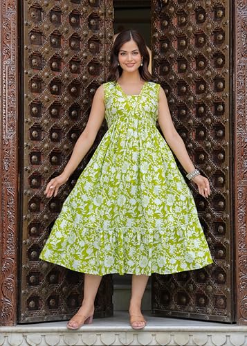 Image of Floral Print Rayon Midi Dress, Sleeveless, Lime Green and White, A-Line Empire Waist