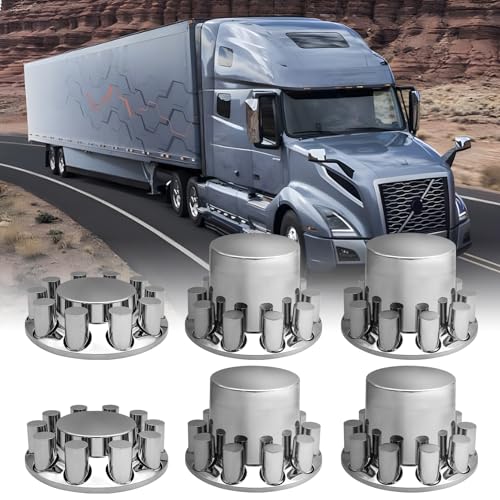 czyopo Cylinder Flat Axle Wheel Cover Set 2 Front and 4 Rear Axle Hub Covers with 33mm Thread-on Chrome Lug Nut Covers
