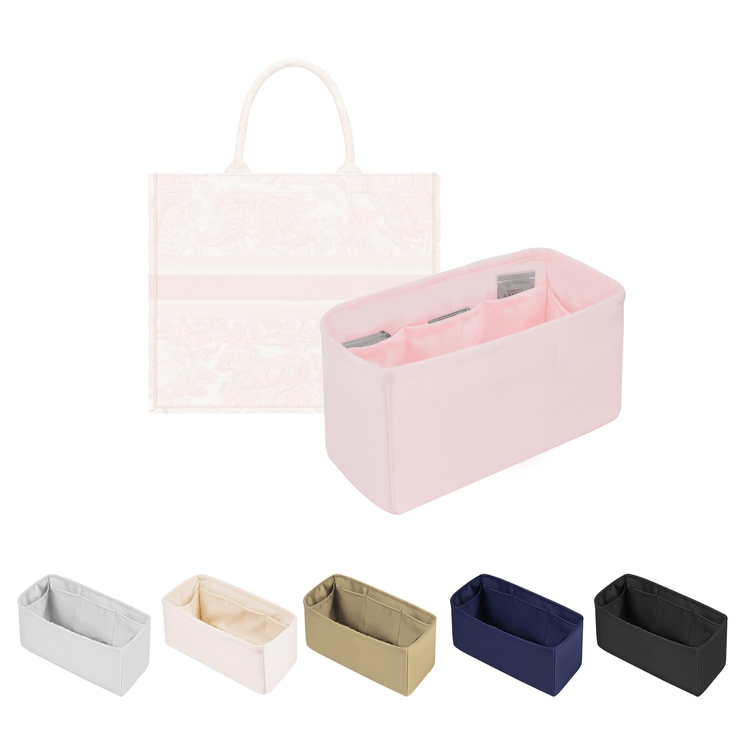 Purse Organizer for Tote Bag - Satin Fabric with Inside Pockets to Keep Your Bag Tidy & Items Neatly Stored, Ideal for Commute, Travel, and Shopping, Fits Dior Book Tote Medium(Pink, Medium)
