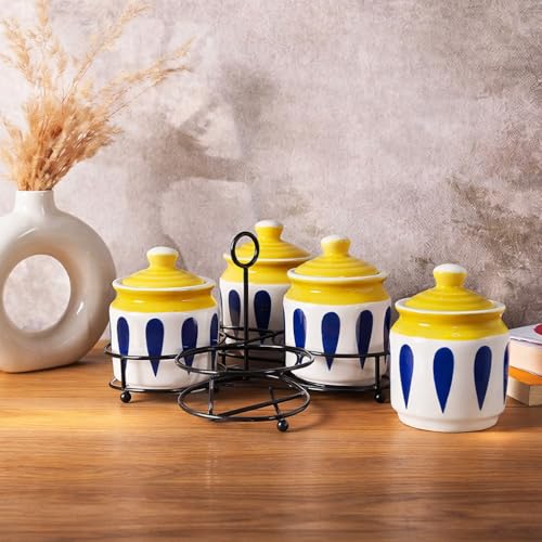 Image of Niyara Ceramic Pickle Jar Set with Metal Tray - Blue & White Pickle Containers with Lid for Kitchen, Dining Table, Spice Storage & Serving (Set of 4, 300 ml)
