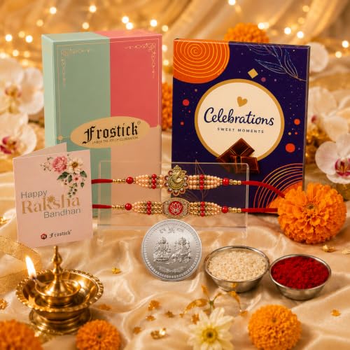 Image of Frostick For Brother With Chocolate Combo, Set of 2 Premium, Rakhi Gift Hamper /Ganesha Rakhi, Krishna for Bhaiya /Bhai /Bro with Small Celebration Chocolate Pack Pair