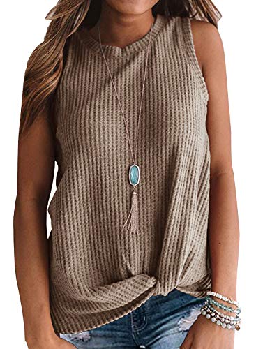 IWOLLENCE Womens Waffle Knit Tunic Casual Blouse Sleeveless Cute Twist Knot Tank Tops Khaki, M