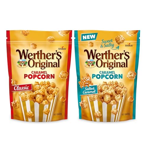 Werther's Original Popcorn Caramel - Pack de 2 (2x140g) - 1x Crémeux & 1x Salé - Pop corn croustillant enrobé de caramel onctueux - Idéal à partager ou pour une...