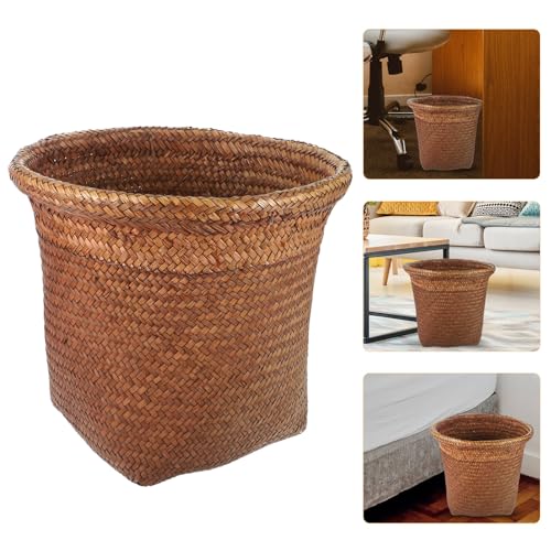 Image of Cabilock 1pc Straw Woven Wastebasket Natural Design Rubbish Container for Home Office and Shop Versatile No Cover for Easy Disposal Retro Aesthetic