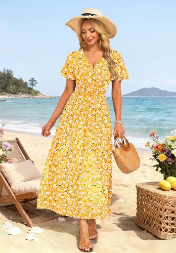 AUSELILY Maxi Dresses V Neck Flutter Sleeve Slit Summer Dress with Pockets — view 3