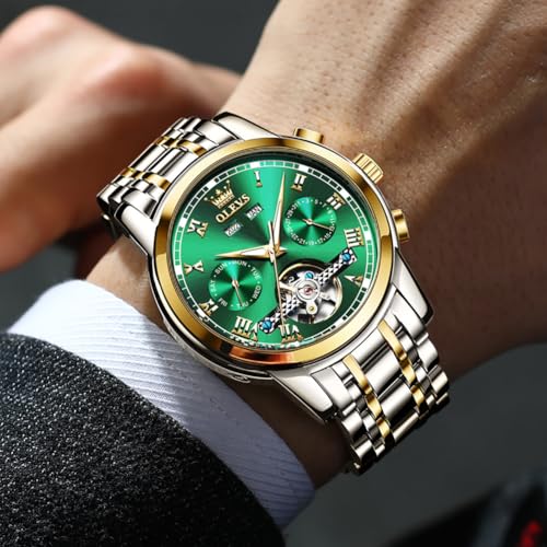 OLEVS Watch Men Watches for Men Automatic Large Face Wind Up Green Face Mechanical Self Winding No Battery Skeleton Casual Waterproof Fashion Luxury Original Sliver Gold Stainless Steel Two Tone Men's Wist Watches relojes para hombres