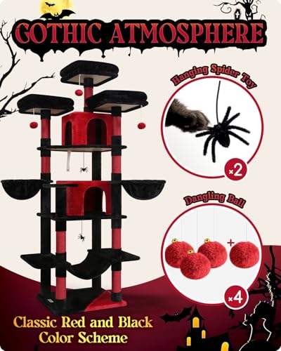 Image of Globlazer Gothic Cat Tree, 80inch Goth Cat Tower for Indoor Cats Multiple Adult Cats XXL Cat Tree Large Cat Tower with Scratching Post, Hammock, 3 Perches, 2 Condos, 2 Hanging Basket, F80, Black Red