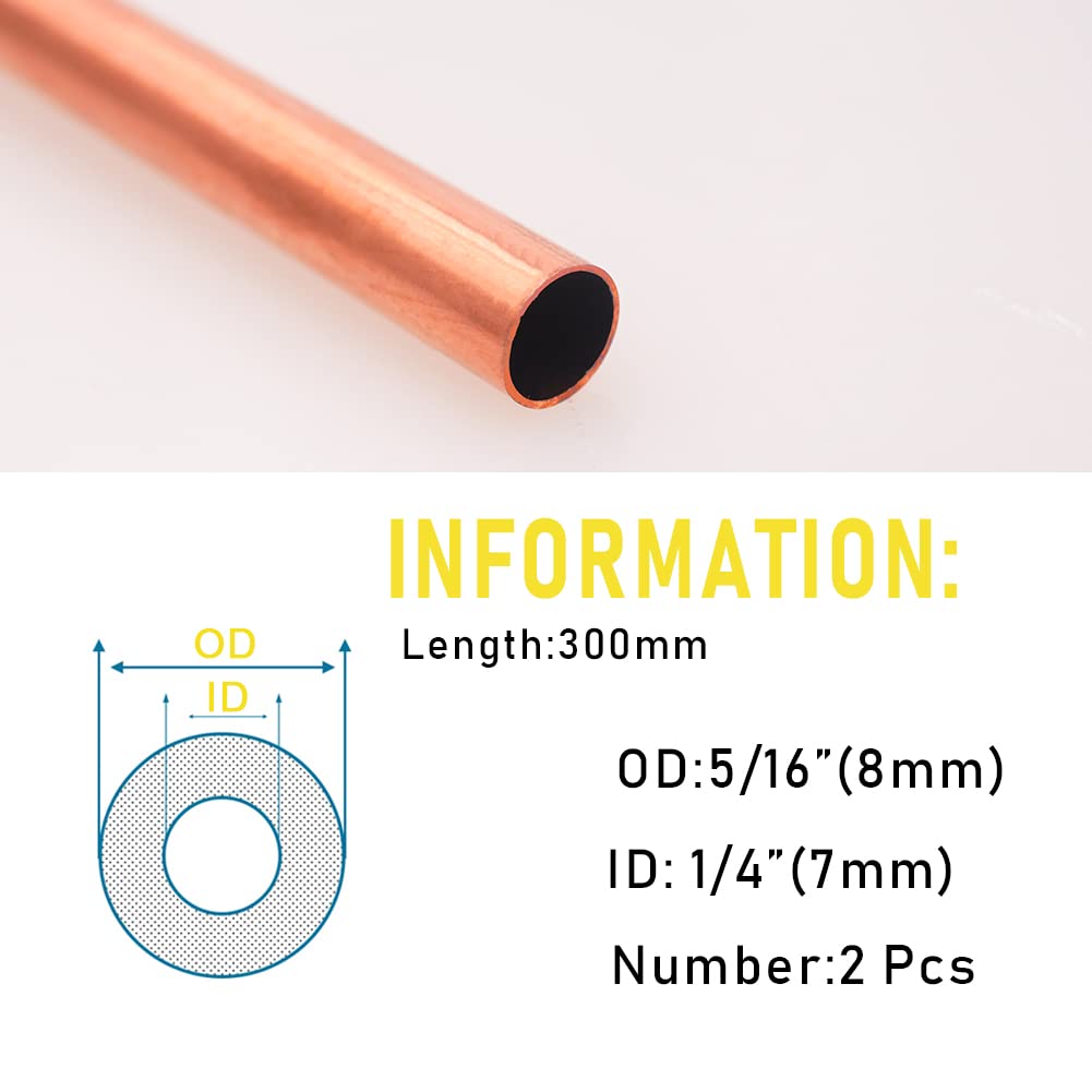 Tubo de cobre puro de 5/16 pulgadas OD (300 mm, 2 piezas) 99.9% 110 cobre sin costuras redondo 110 tubos de cobre para refrigerador, joyería e industria