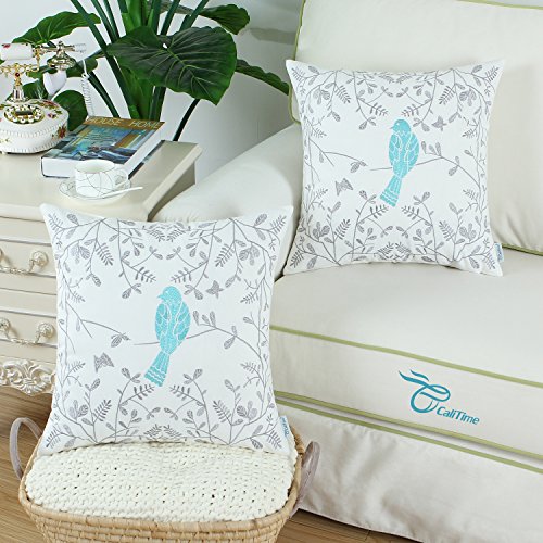 Calitime Throw Pillow Cases Pack Of 2 Cotton Cute Bird In Gray Garden Embroidered Decorative Cushion Covers For Couch Bed Sofa Farmhouse Decoration 18 X 18 Inches Turquoise #TOP1