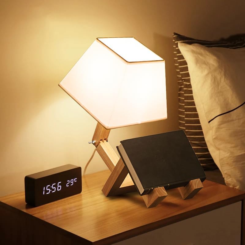Miniatura 6 de ELINKUME Bonita lámpara de escritorio robot, lámparas de mesa de noche únicas regulables para dormitorio, pantalla cuadrada con cuerpo de madera