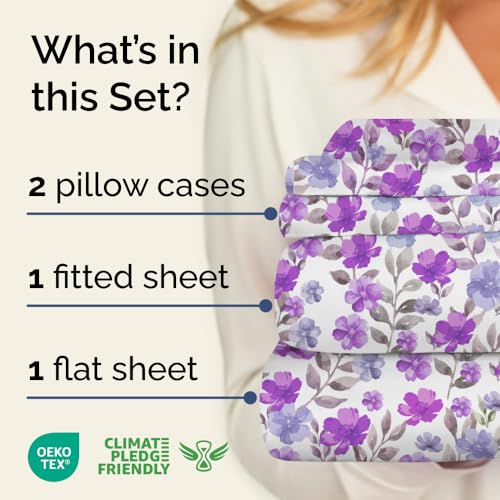 Image of Full 4 Piece Floral Sheet Set - Soft, Breathable & Cooling - Purple Bloom