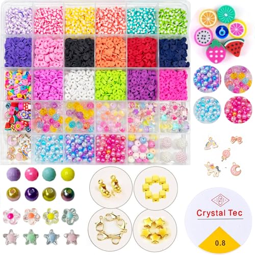 Image of ZORVO Premium Clay Bead Jewellery Making Kit - DIY Bracelet Making Set for Girls, Ultimate 4500+ Pcs Heishi Clay Beads Se, Clay Beads, Shells, and Pendants for Jewellery DesignComplete Jewellery Making Combo - Clay Beads, Charms, Scissors, and Crystal Threa