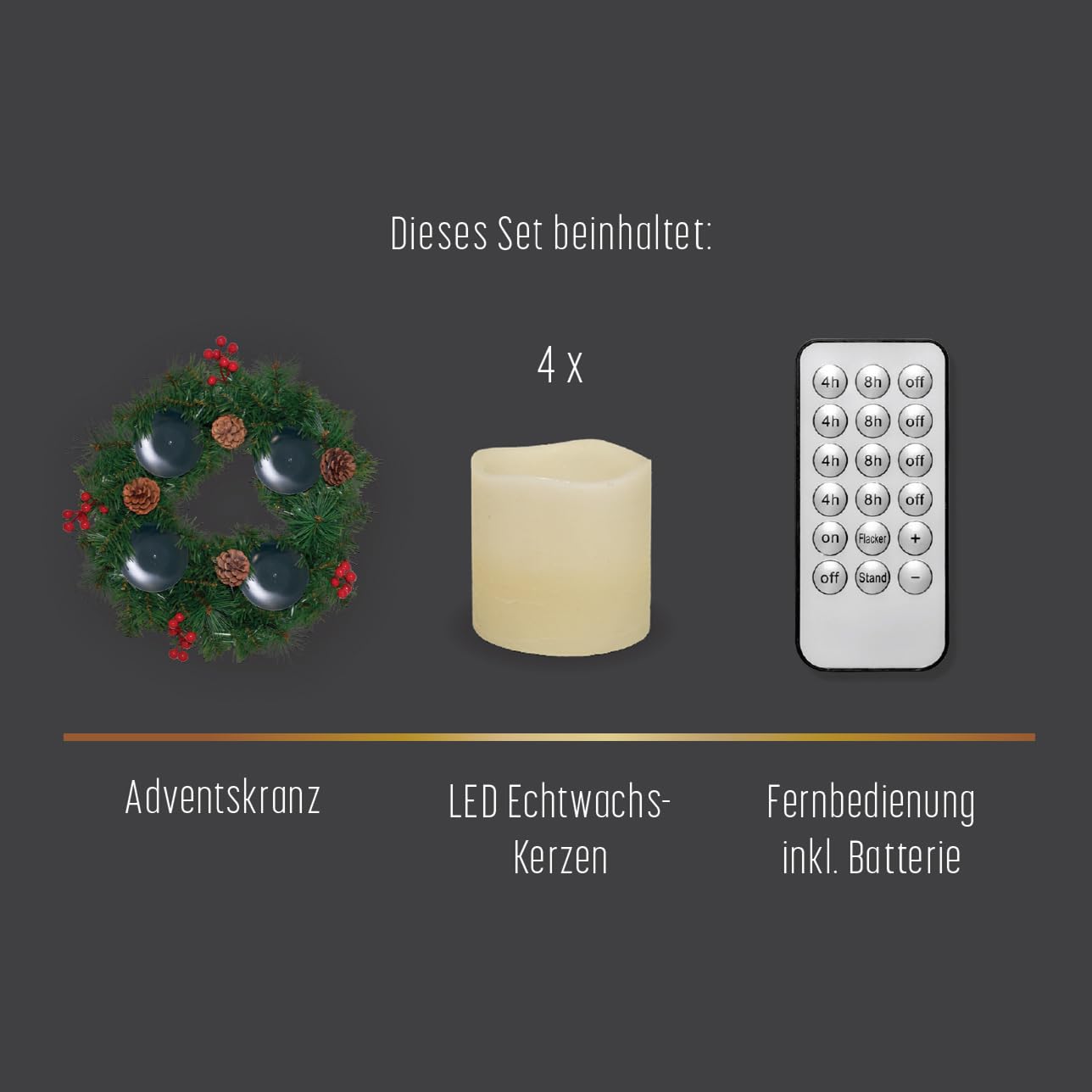 Künstlicher Adventskranz Ø 45 cm mit 4 LED Kerzen aus Echtwachs in rot oder Creme | praktische Fernbedienung mit Timer und Lichtfunktionen | inkl. Kerzenhalter | nadelfrei (Creme)