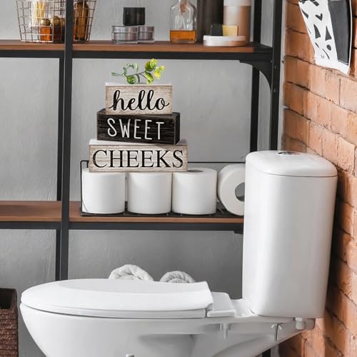 Image of Moucuny 4 Pcs Bathroom Shelf Decor Hello Sweet Cheeks Sign Farmhouse Bathroom Decor and Accessories Rustic Eucalyptus Leaves Wood Block Sign Gift Sweet Home Table Centerpiece for Home Office