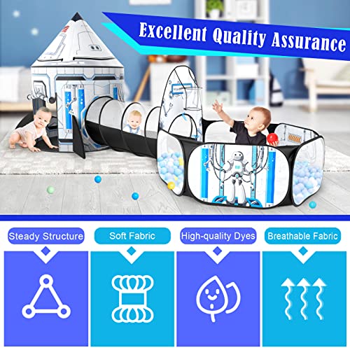 Image of 3pc Kids Play Tent for Girls with Ball Pit, Crawl Tunnel, Princess Tents for Toddlers, Baby Space World Playhouse Toys (3PC White Rocket Play Tent)