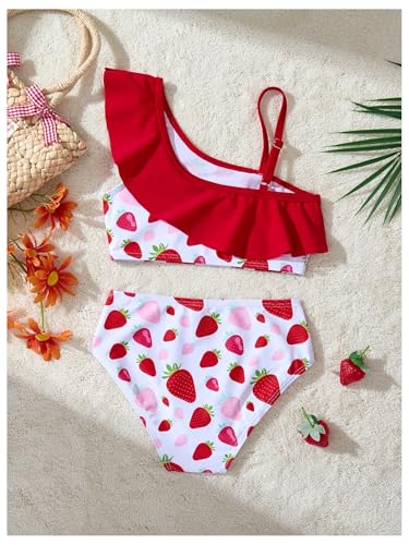 MakeMeChic Girl's Bikini Sets Strawberry Print Asymmetrical Neck Ruffle Trim Swimsuit2