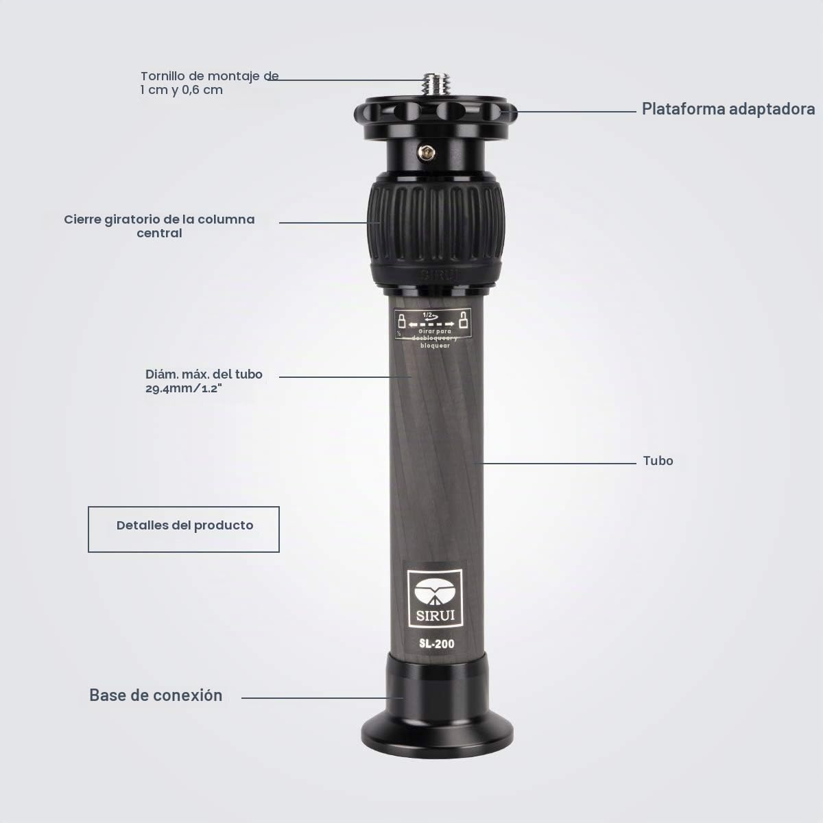 SIRUI Extensión Universal de Fibra de Carbono para Trípode, Monopié, Cámara Réflex Digital, Tubo máximo de 320mm, Carga 15kg - SL-200