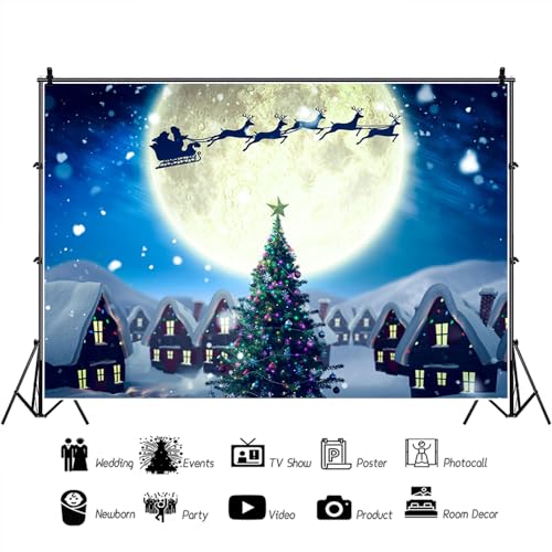 SDOTPMT 7x5ft Christmas Eve Polyester Backdrop Merry Christmas Photography Background Snow Winter Moon Night Santa Claus Sleigh Elk Forest Happy New Year Party Banner Kids Adult Photo Studio Props - Image 2