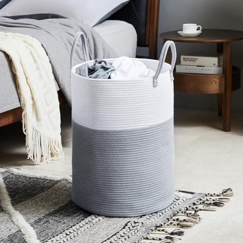 Image of Laundry Basket for Clothes | Cotton Rope Laundry Hamper with Handles | Foldable Woven Storage Basket for Bedroom & Living Room | Clothes, Toys & Blanket Organizer | 38 x 38 x 46 cm
