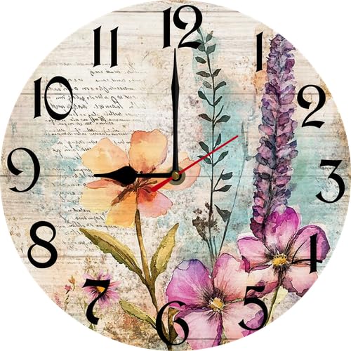 Horloge murale en bois fleurs aquarelles horloge décorative à piles
