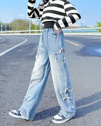 HBER Kids Girls Cute Star Jeans Elastic Waist Wide Leg Pull On Jeans Baggy Denim Pants for Teen Girls 5-14 Years4
