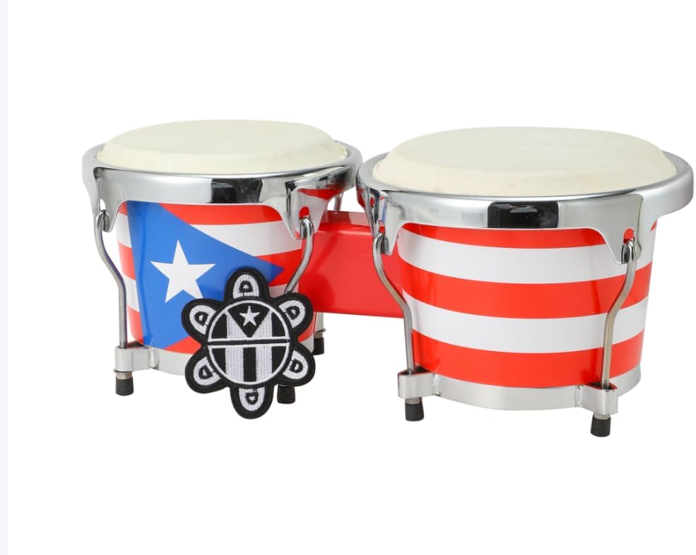 Puerto Rico Bongo Drum Set – Tunable Percussion Instrument with Puerto Rican Flag Design – Compact Hand Drums Shells of the Drums 7 1/2" and 8 5/8" for Music, Boricua Cultural Events, and Home Decor