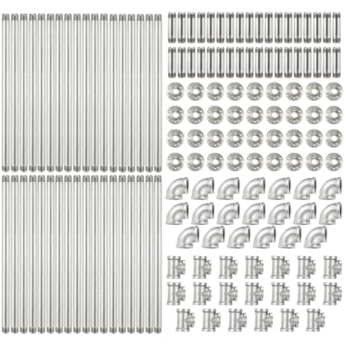 MorningRo 148 Pcs Silver Iron Pipe Fitting Set with Threaded Hole Industrial Vintage Style, Paint Metal Pipe Nipple/Malleable Iron Floor Flange Elbow Tees Combo for DIY Furniture Shelving(1/2 Inch)
