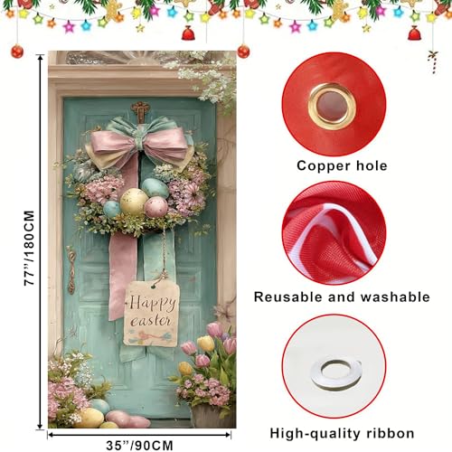Image of Easter Door Cover 35.43 x 70.87 Inch Pastel Ribbon Wreath with Decorative Eggs Vintage Door Scene and Spring Florals Ideal for Seasonal Holiday Entryway Decoration